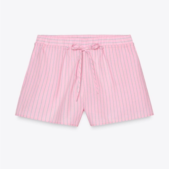 Zara NWT Pink Striped poplin Women's Shorts with Drawstrings- midrise- size S - Picture 3 of 8